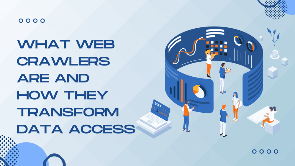 Web crawlers data access transformation infographic with people analyzing charts and graphs
