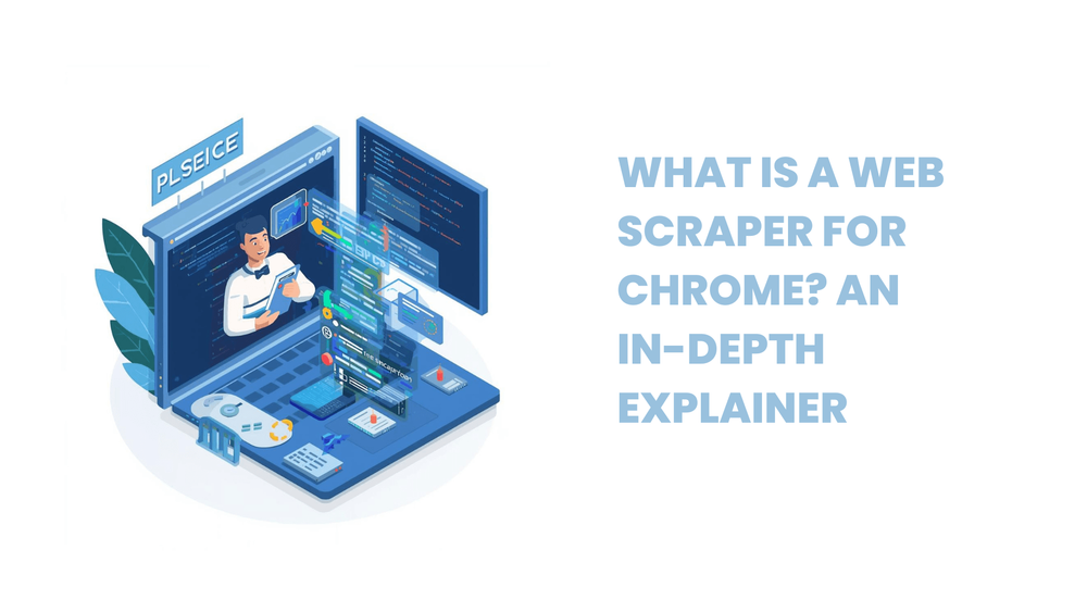 Web scraper for Chrome explainer with illustration of a person analyzing data on a laptop surrounded by code and charts