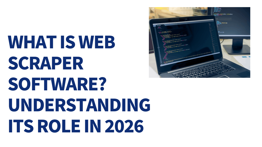 Web scraper software explanation with a laptop displaying code