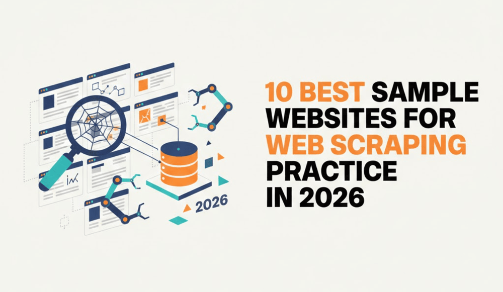 10 best sample websites for web scraping practice in 2026 graphic with data and web icons