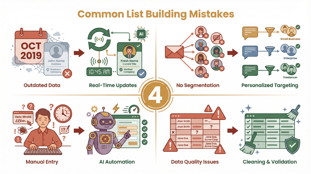  Common list building mistakes infographic with visual comparisons of outdated data, manual entry, no segmentation, and data quality issues versus best practices.