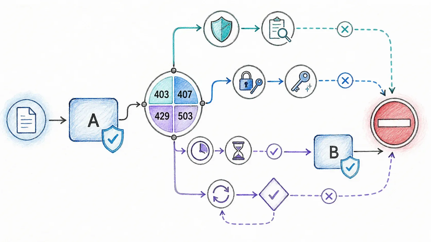 Bounded proxy fallback state machine for 403, 407, 429, and 503 responses