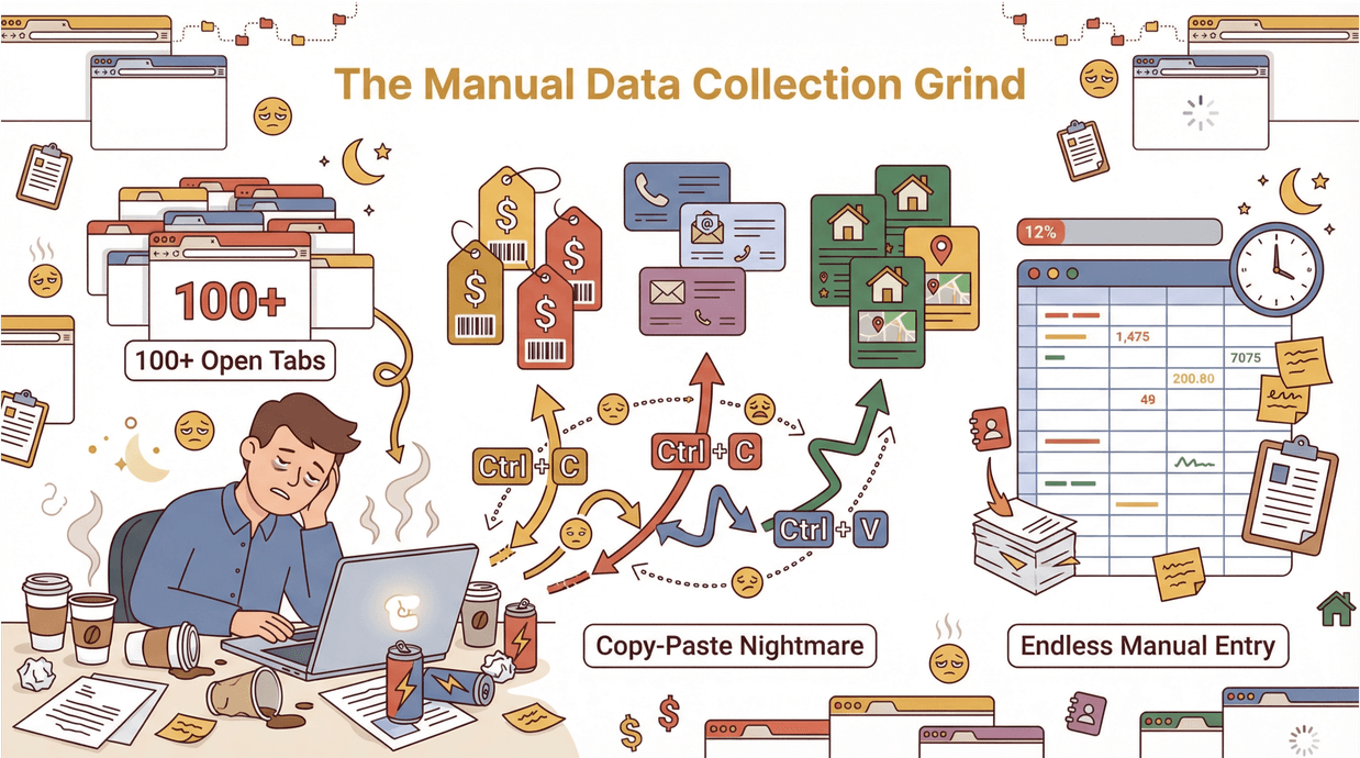  Manual data collection grind illustration with an overwhelmed person at a cluttered desk, open browser tabs, spreadsheets, and copy-paste icons.