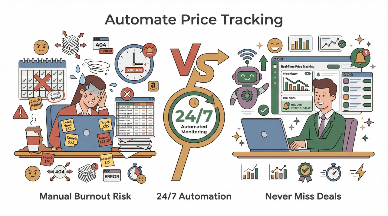 utomated price tracking comparison showing stressed manual worker versus happy automated user with real-time deal alerts.
