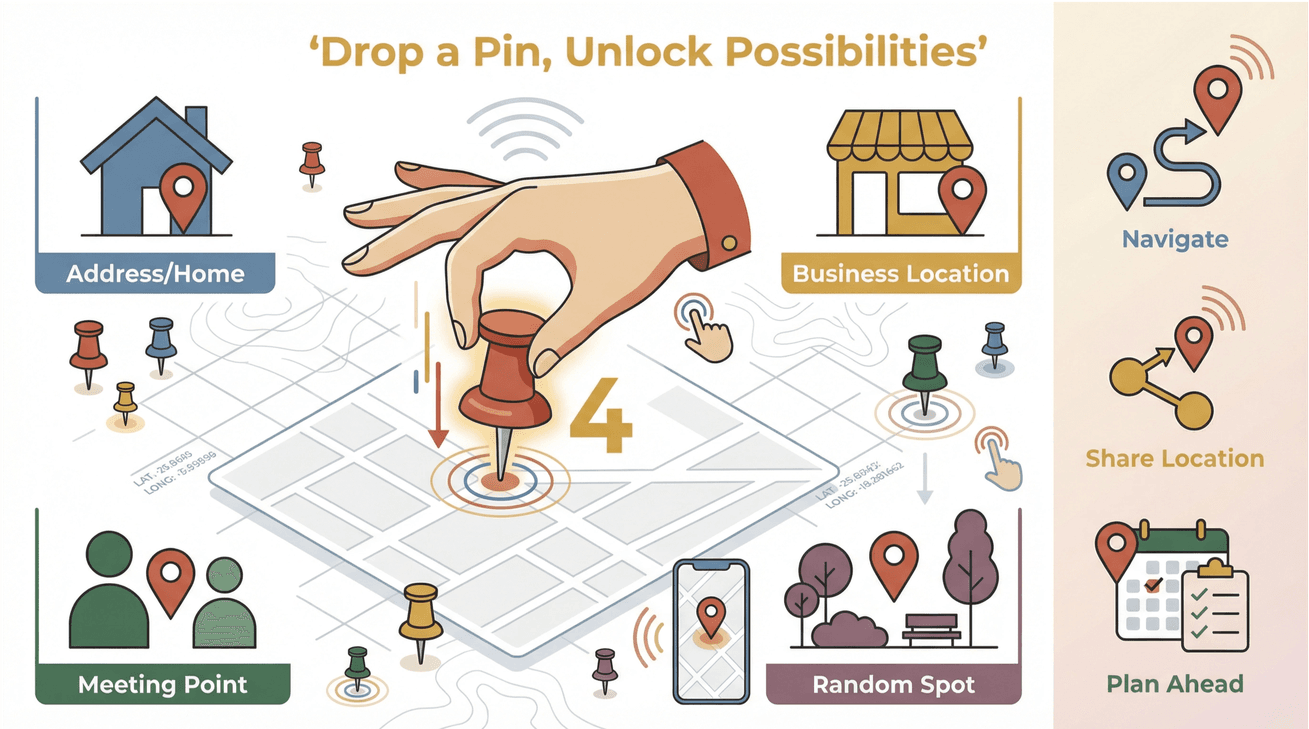  Drop a Pin concept infographic showing uses like address, business, meeting point, navigation, sharing location, and planning ahead.
