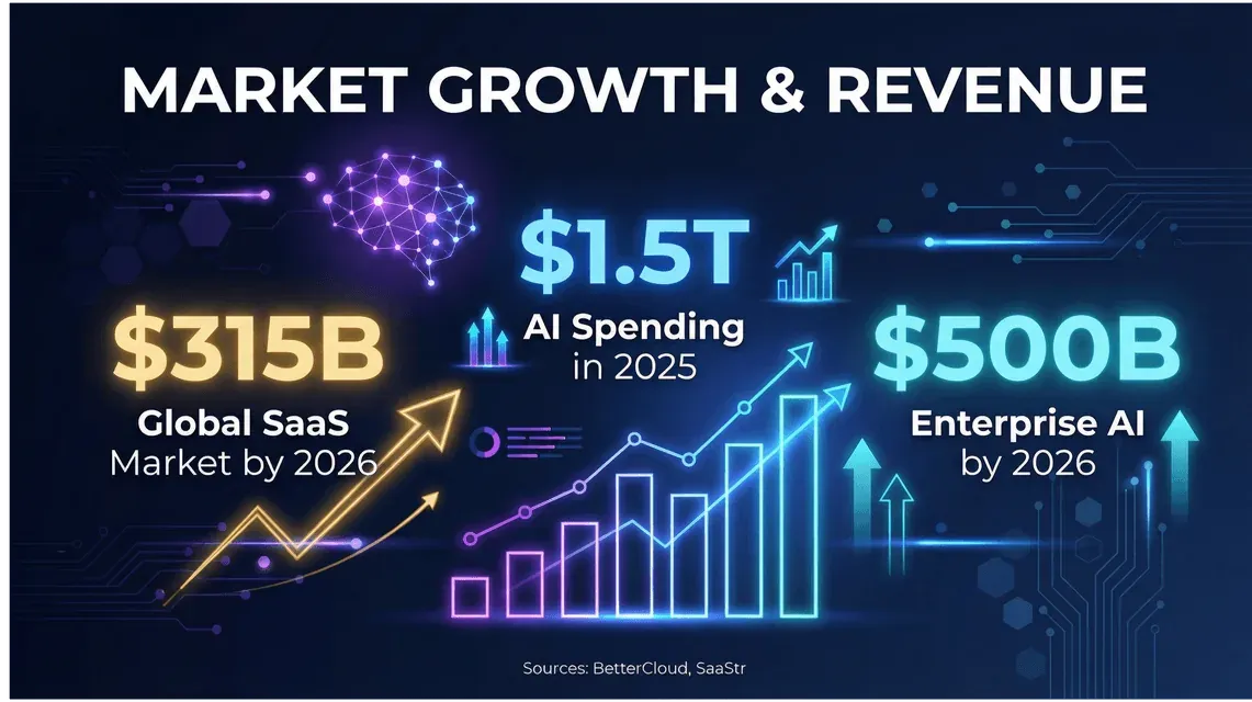 Market growth and revenue infographic showing $315B Global SaaS by 2026, $1.5T AI spending in 2025, and $500B Enterprise AI by 2026.