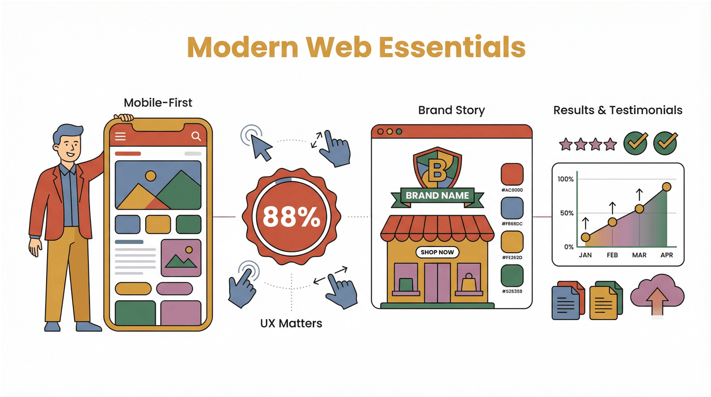 Modern web essentials infographic with mobile-first design, UX importance, brand story, and results graph.