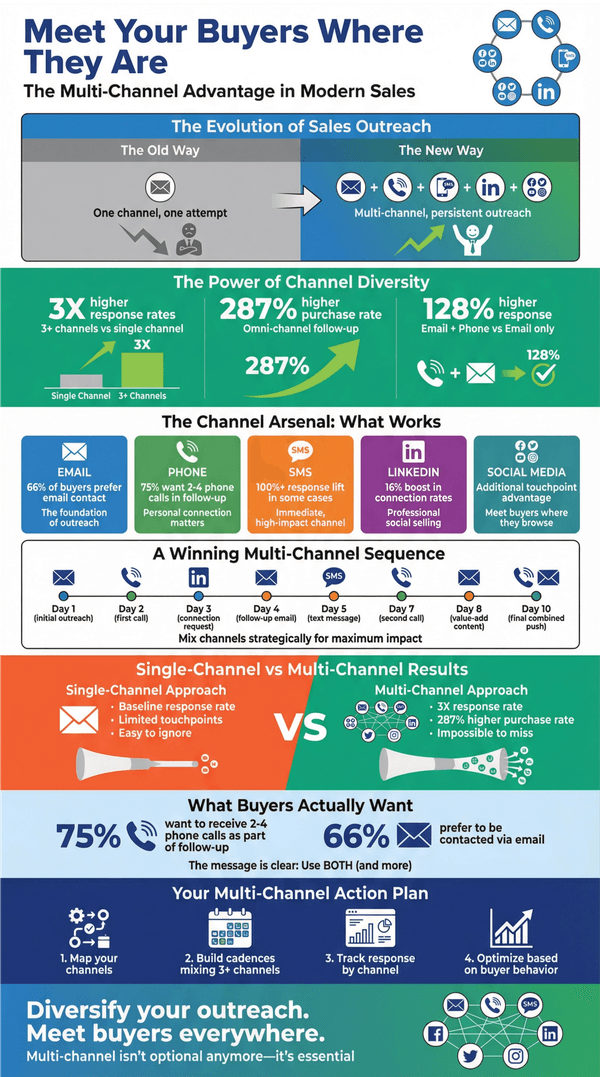 Multi-channel sales outreach infographic highlighting benefits, strategies, and key statistics for engaging buyers across email, phone, SMS, LinkedIn, and social media.