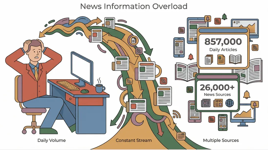  News information overload illustration with a stressed person at a desk overwhelmed by streams of articles and statistics on daily news volume and sources.