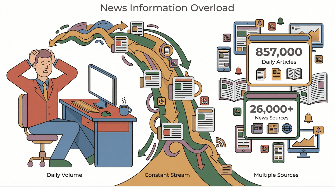 News information overload illustration with a stressed person at a desk overwhelmed by streams of articles and statistics on daily news volume and sources.