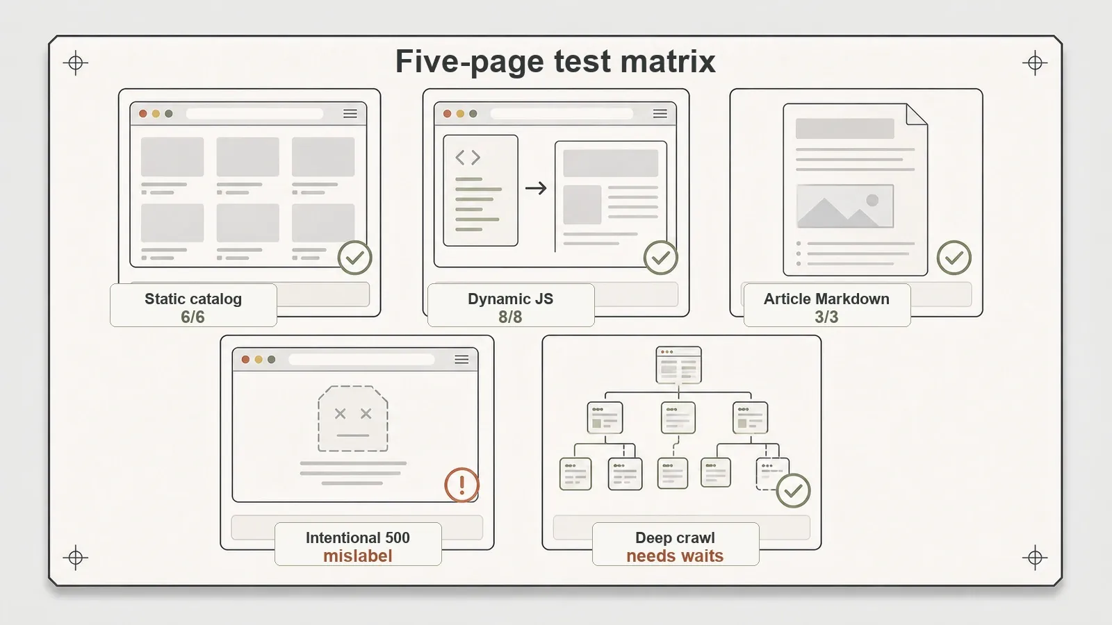 Crawl4AI five page test matrix