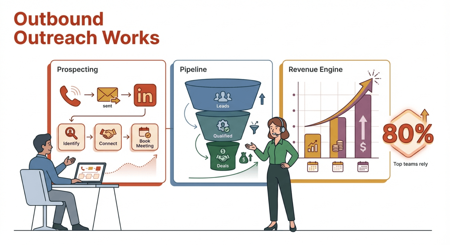 Outbound outreach process diagram with prospecting steps, sales pipeline funnel, revenue growth chart, and 80% statistic.