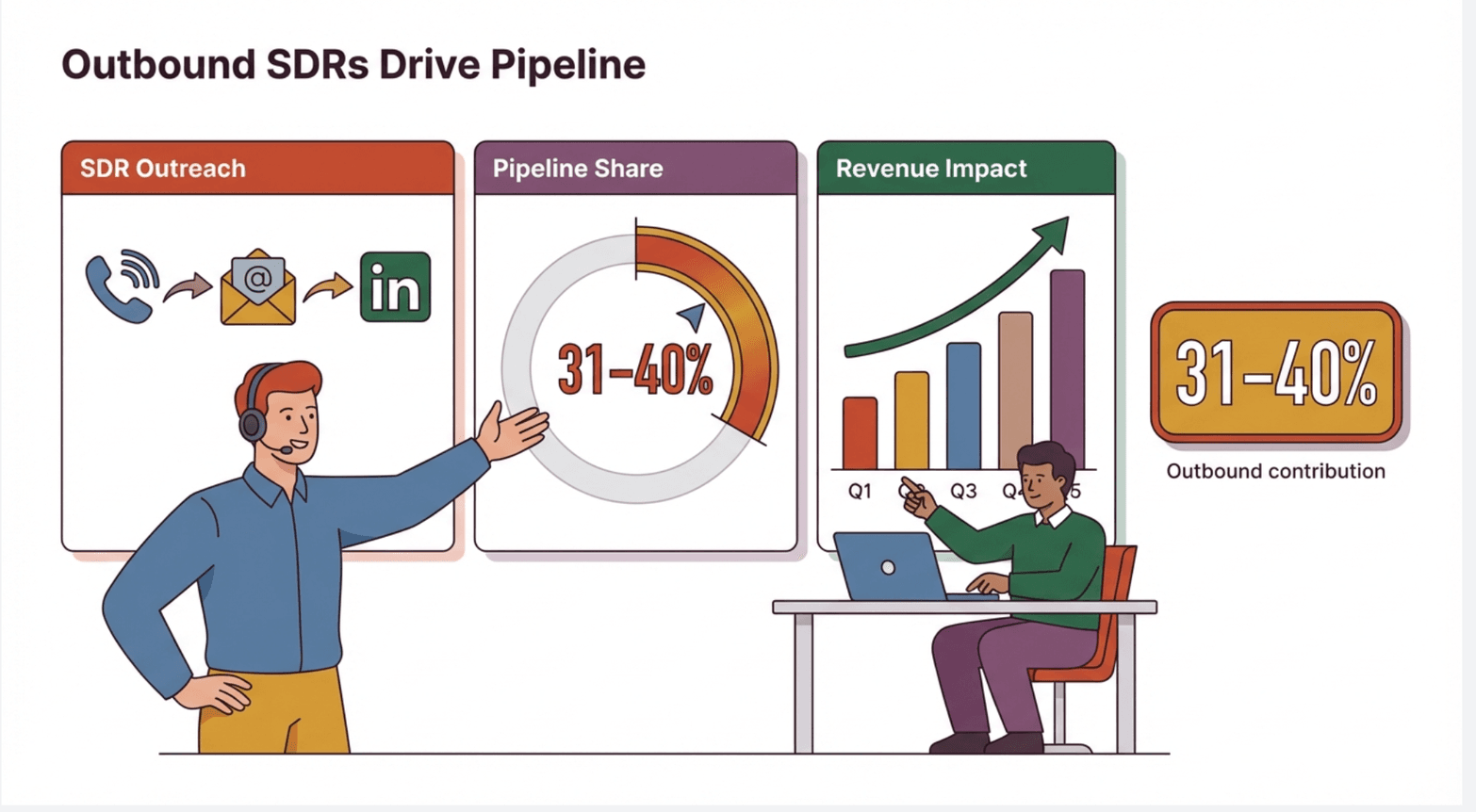 Outbound SDRs drive pipeline infographic with outreach icons, 31–40% pipeline share, and upward revenue impact chart.