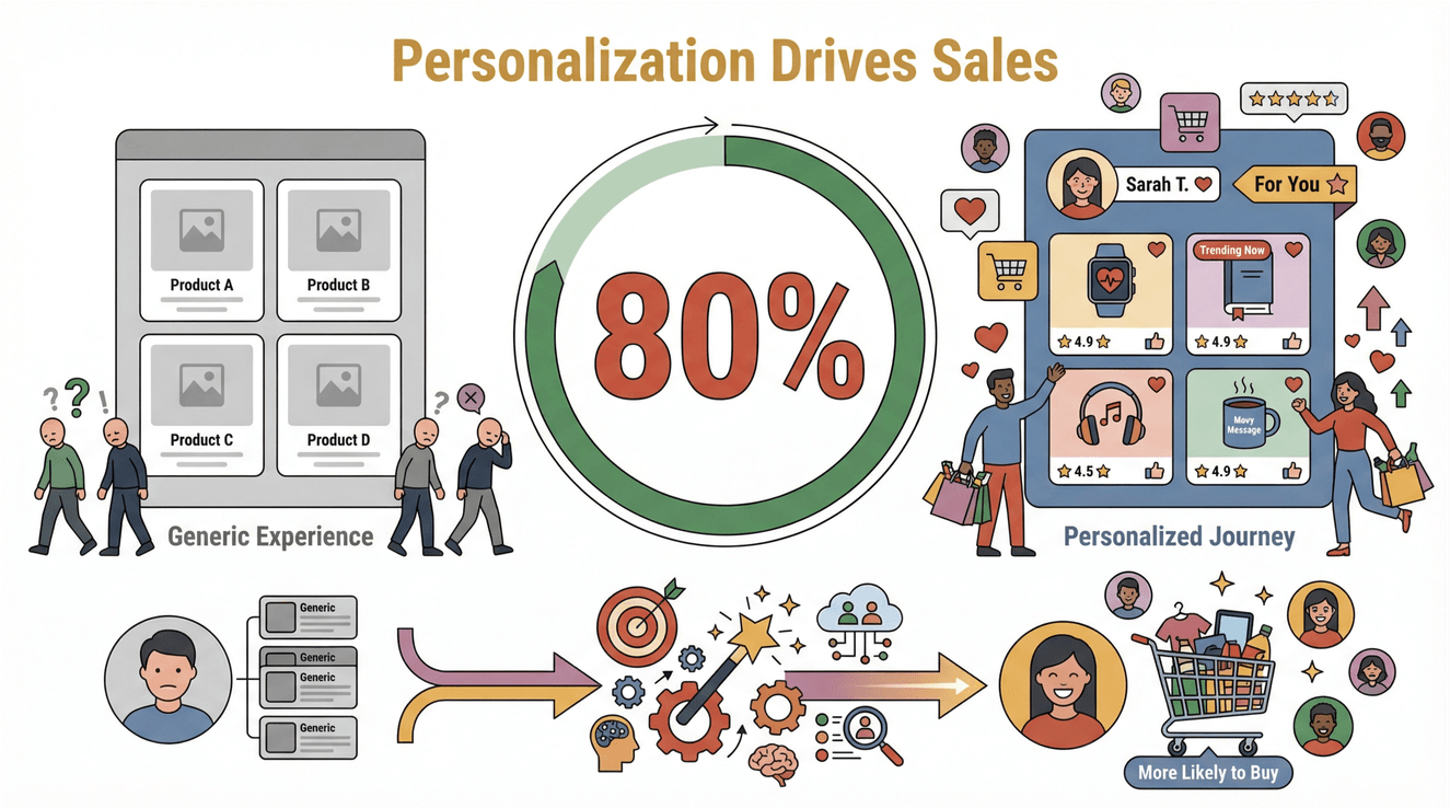 Personalization drives sales infographic comparing generic experience with personalized journey, highlighting 80% increased likelihood to buy.