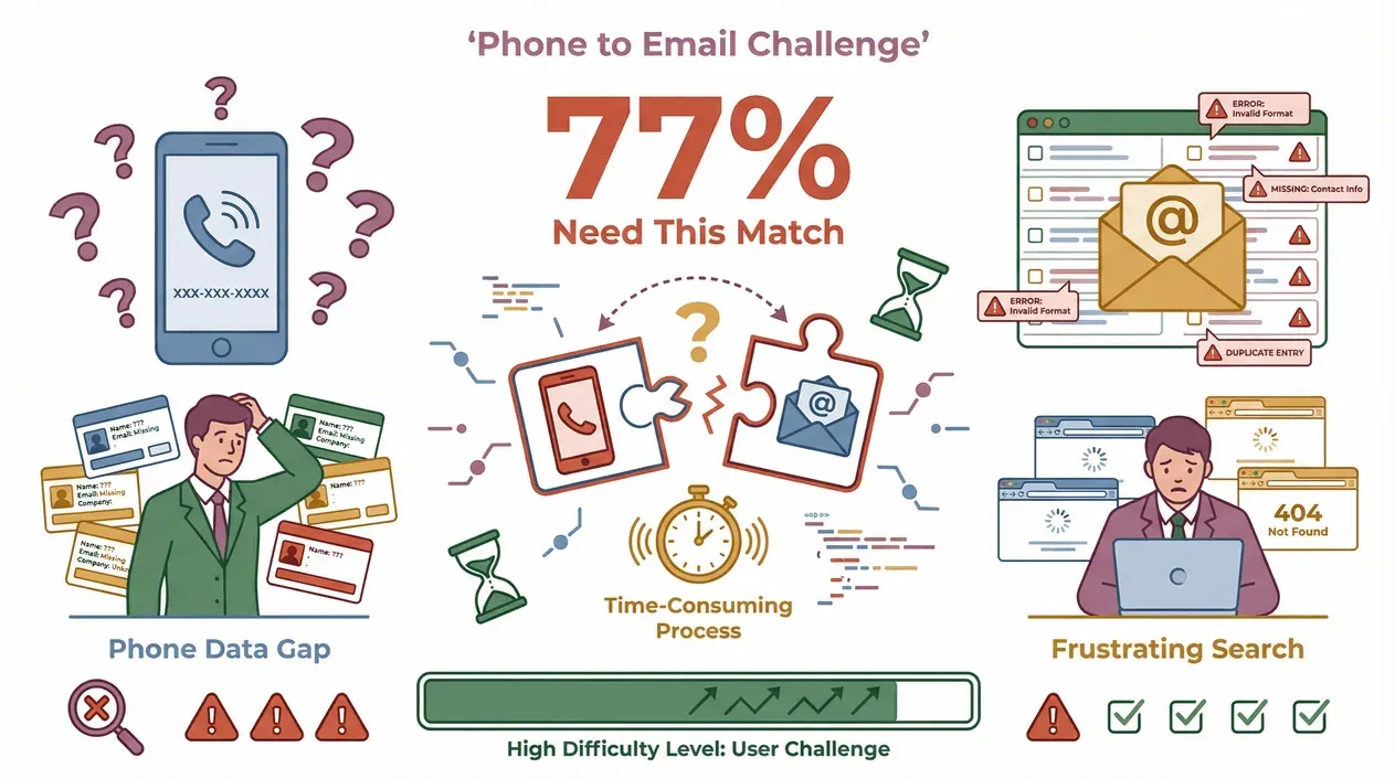 Infografik zur Herausforderung „Telefonnummer zu E-Mail“ mit Lücken in den Daten, zeitaufwendigem Prozess und frustrierender Suche mit 77 % benötigter Zuordnung.