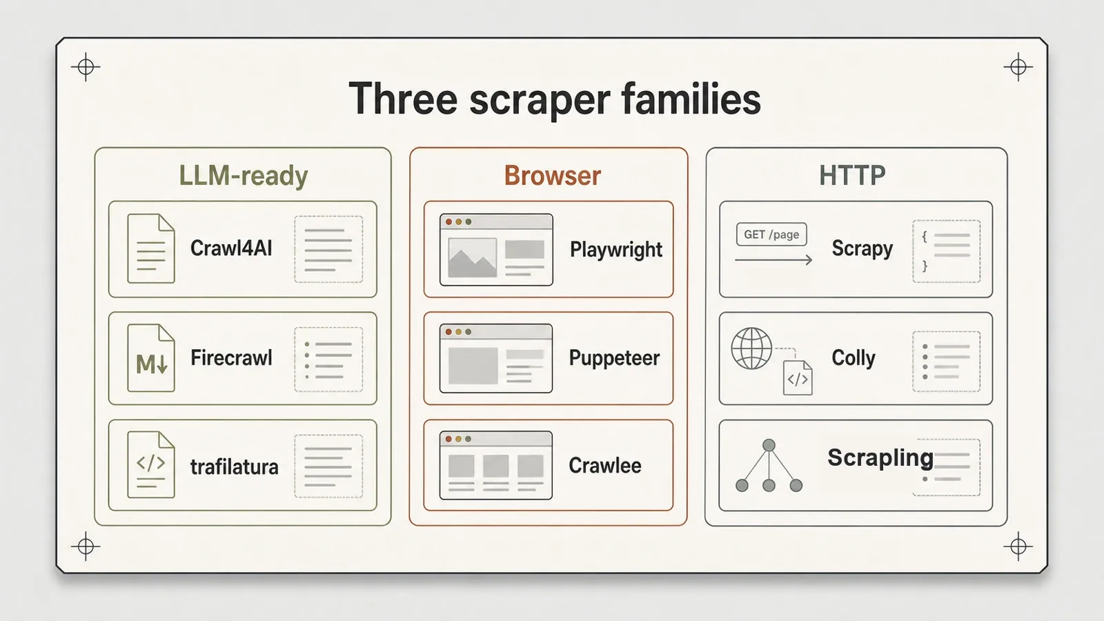 Three families of open-source scrapers
