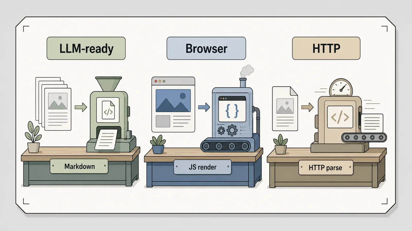 LLM-ready vs browser vs HTTP workbenches