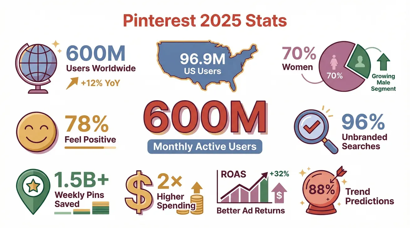 Pinterest 2025 statistics infographic with user numbers, demographics, engagement, and ad performance metrics.