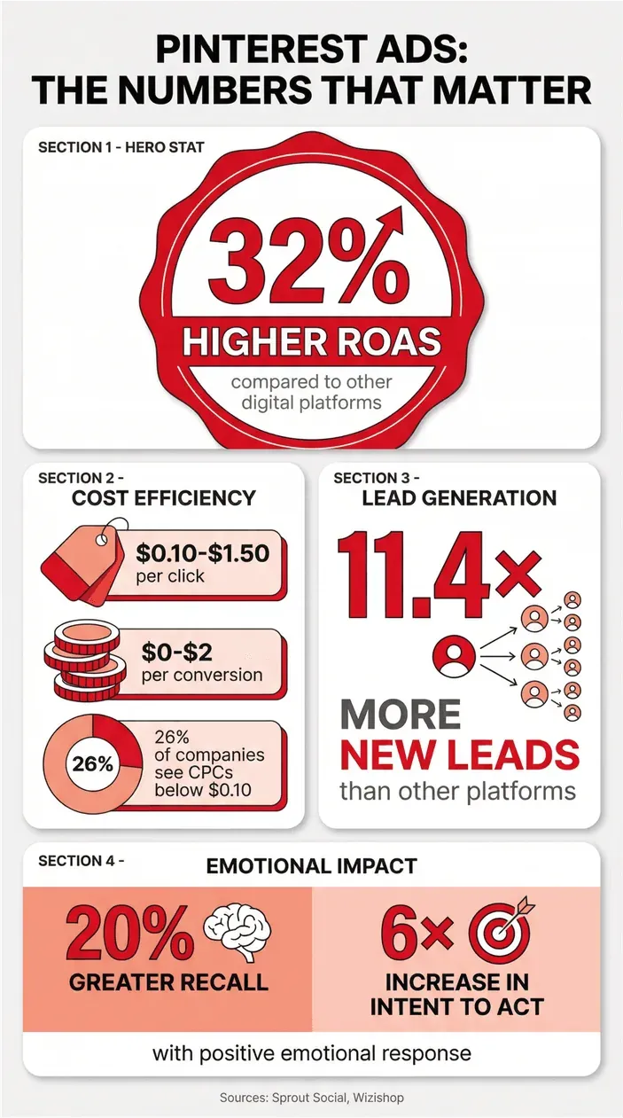 Pinterest ads key statistics infographic showing higher ROAS, cost efficiency, lead generation, and emotional impact metrics.