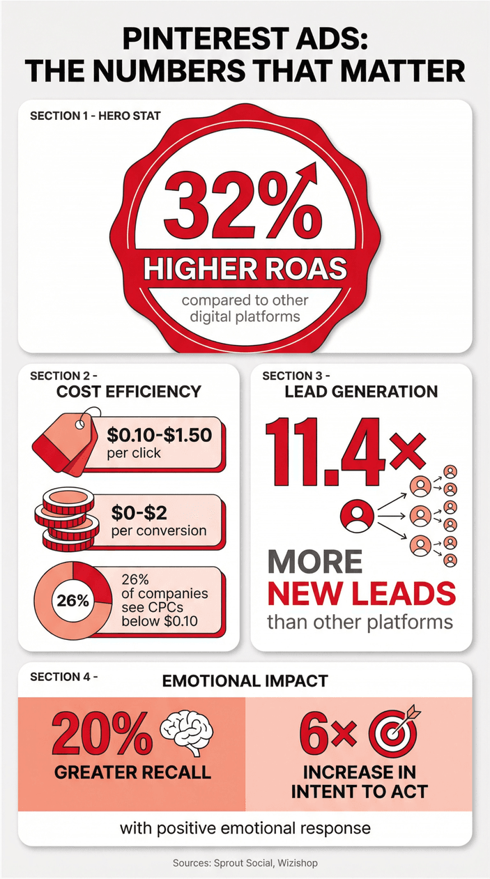 Pinterest ads key statistics infographic showing higher ROAS, cost efficiency, lead generation, and emotional impact metrics.