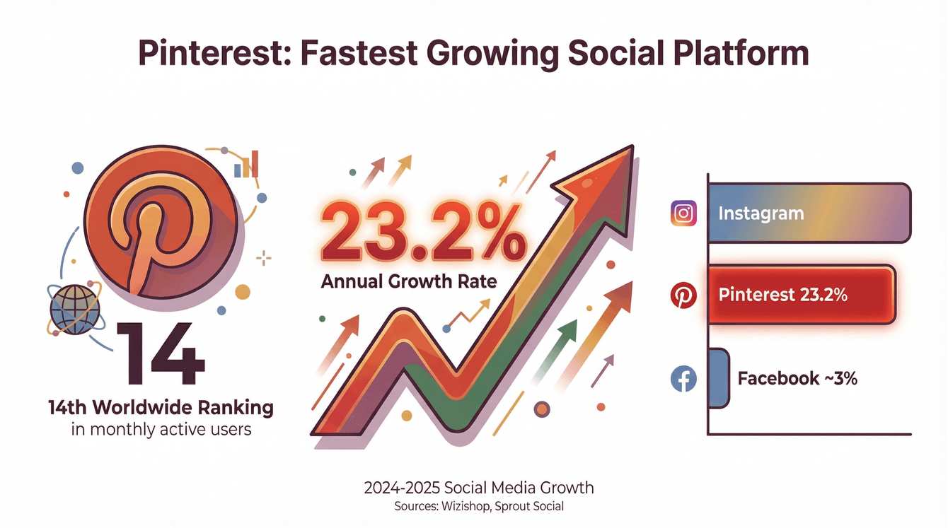 Pinterest fastest growing social platform infographic showing 23.2% annual growth rate and 14th worldwide ranking.