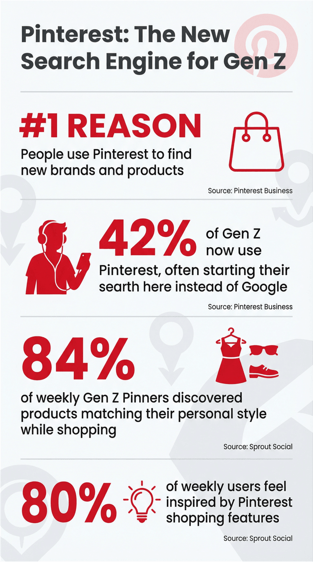 Pinterest Gen Z search engine infographic with statistics on user shopping and inspiration habits.