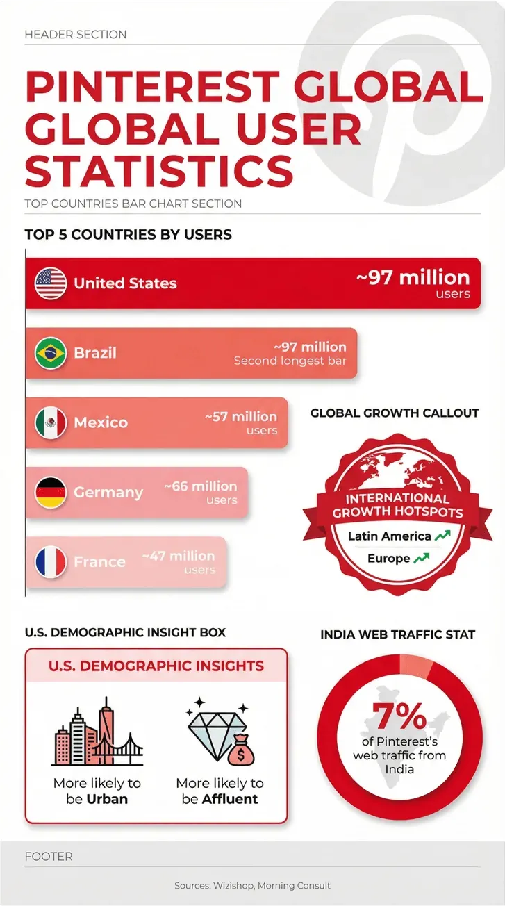 Pinterest global user statistics infographic with top countries, demographic insights, and India web traffic share.