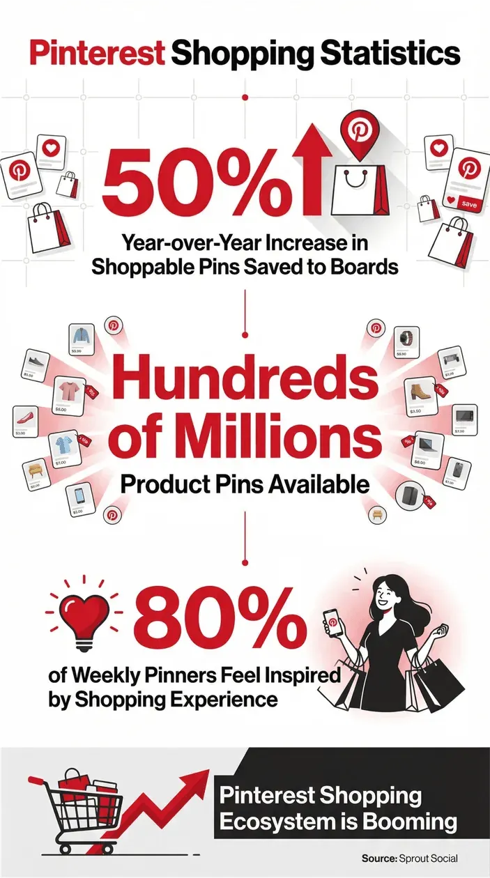 Pinterest shopping statistics infographic with key metrics on shoppable pins, product availability, and user inspiration.