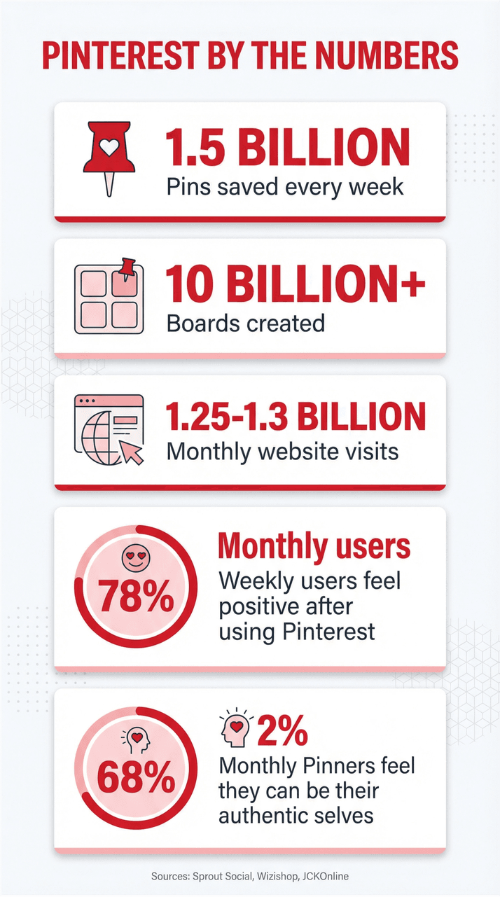 Pinterest usage statistics infographic with figures on pins, boards, visits, and user positivity.