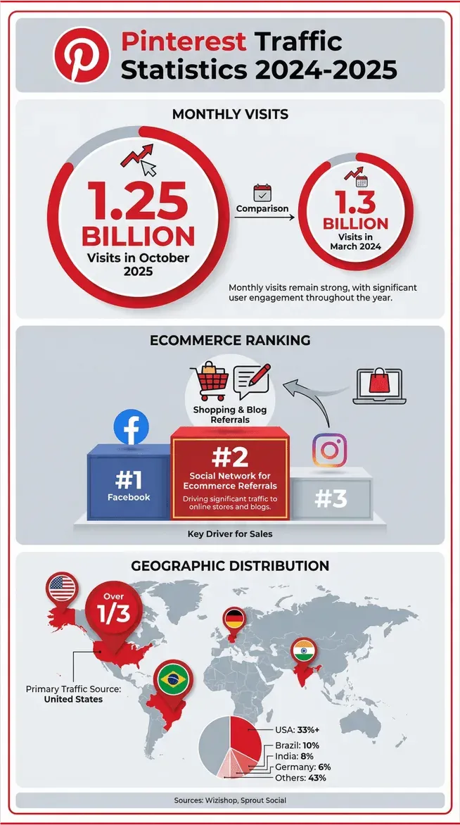 Pinterest traffic statistics 2024-2025 infographic showing monthly visits, ecommerce ranking, and geographic distribution.