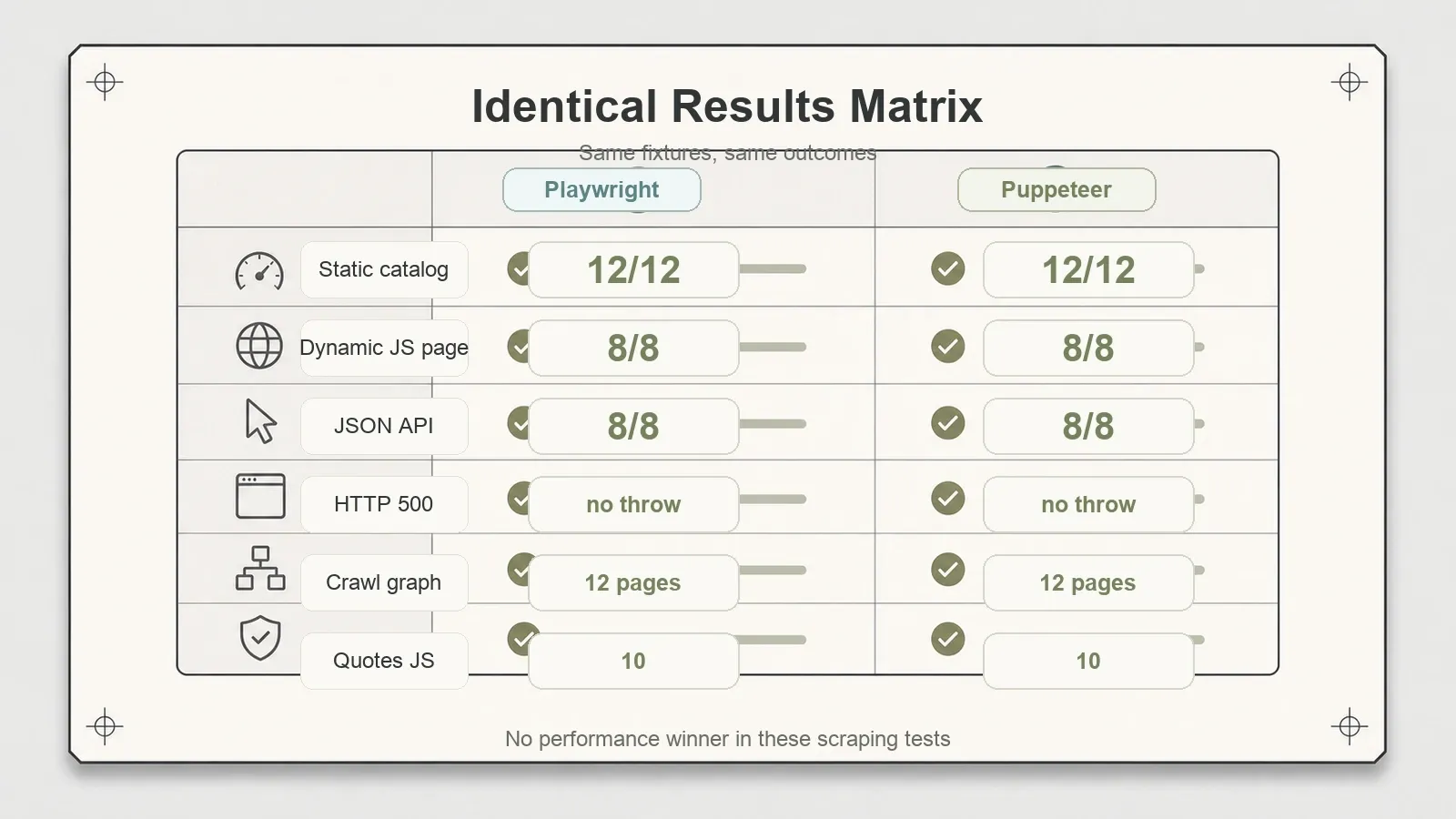 Playwright vs Puppeteer identical results matrix