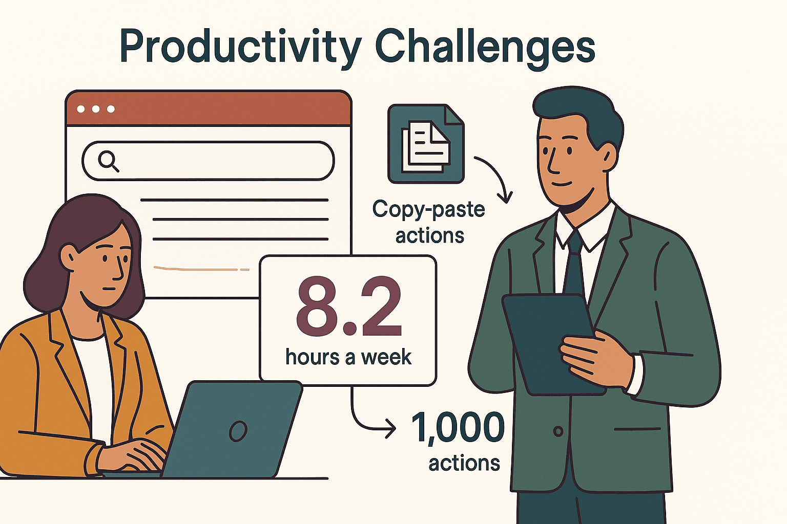  Productivity challenges infographic showing 8.2 hours a week spent on 1,000 copy-paste actions.
