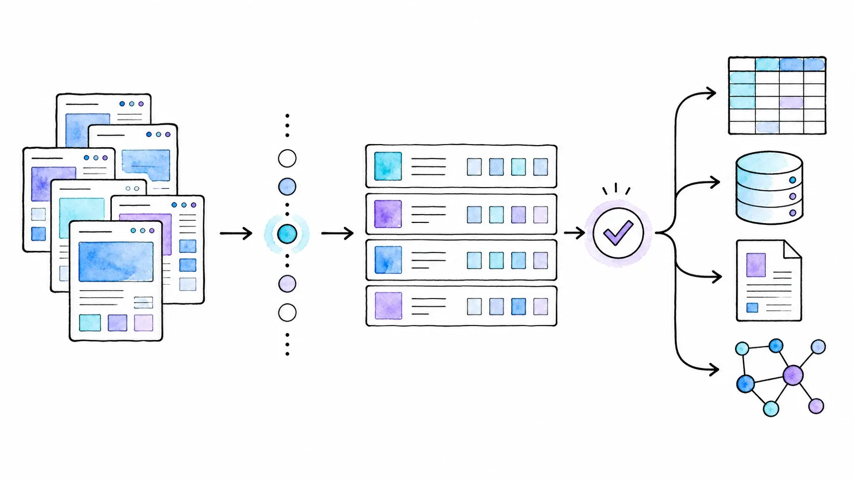 Repeated pages flowing into reviewed structured rows and neutral data destinations
