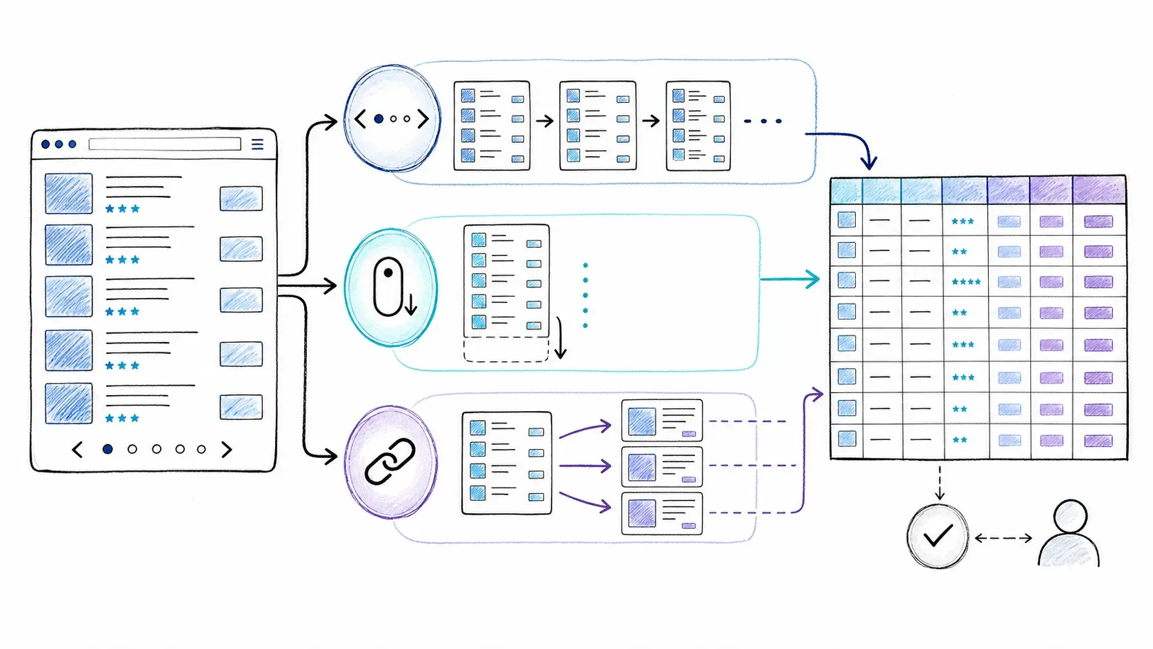 Pagination infinite scrolling and linked subpages feeding structured data