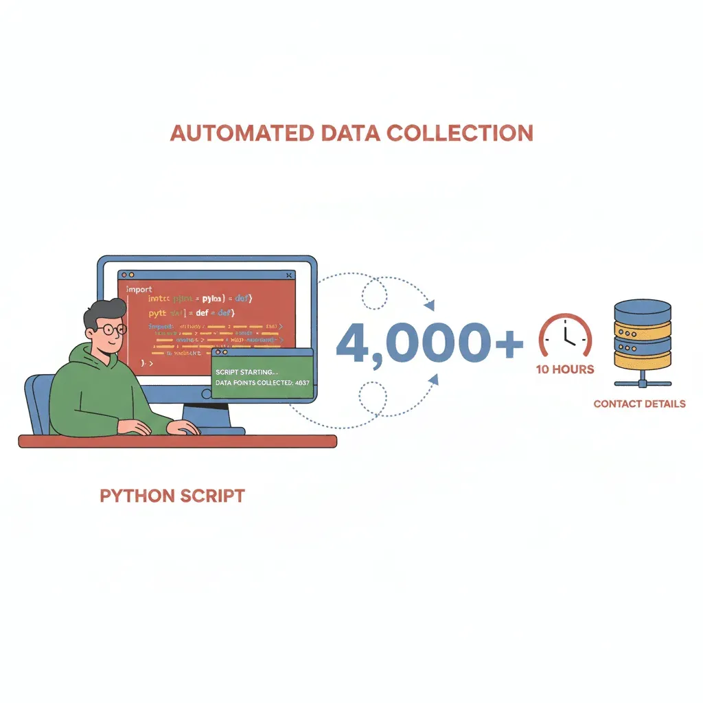 Automated data collection workflow using a Python script to gather over 4,000 contact details in 10 hours.
