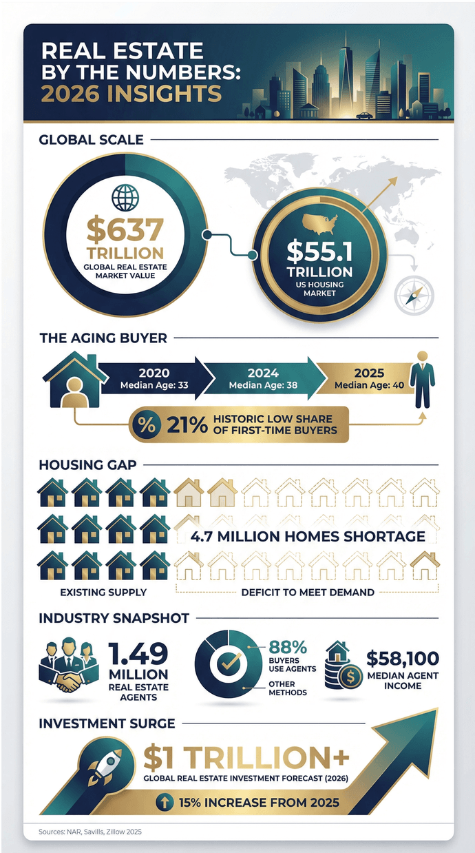 Real estate 2026 insights infographic with global and US market values, aging buyer stats, housing shortage, agent data, and investment growth.