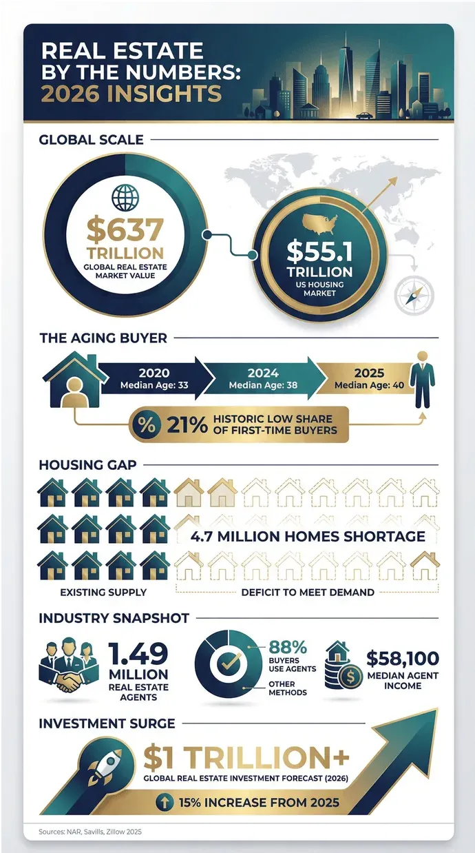 Real estate 2026 insights infographic with global and US market values, aging buyer stats, housing shortage, agent data, and investment growth.