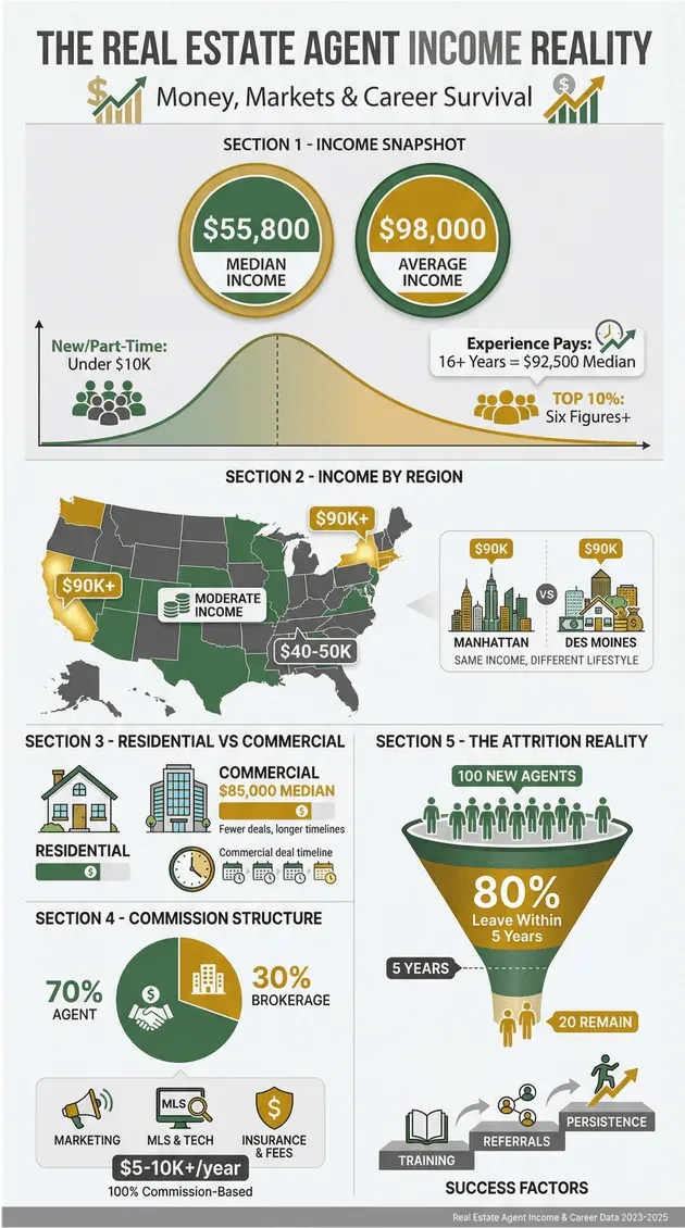  Real estate agent income infographic showing median and average incomes, regional differences, commission structure, attrition rates, and success factors.