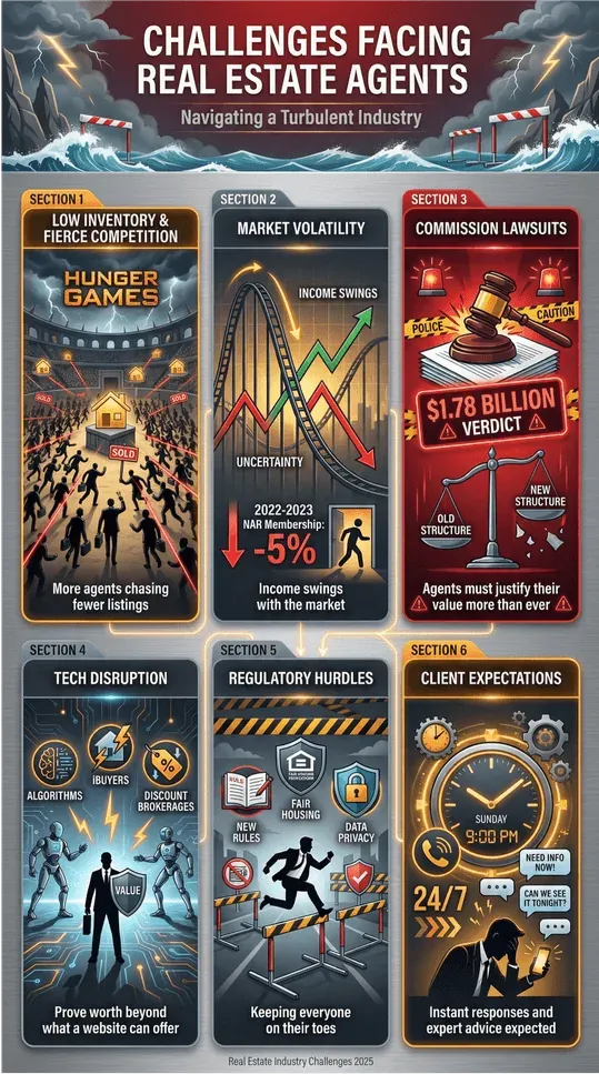Challenges facing real estate agents infographic with six illustrated sections: low inventory, market volatility, commission lawsuits, tech disruption, regulatory hurdles, and client expectations.
