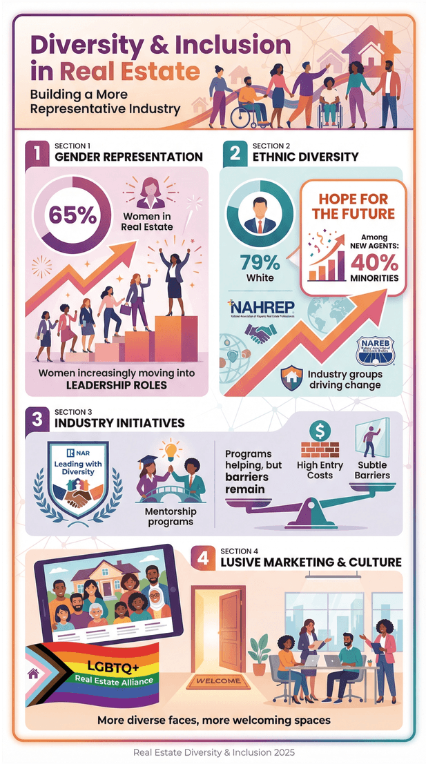 Real estate diversity and inclusion infographic with statistics on gender, ethnic diversity, industry initiatives, and inclusive marketing.