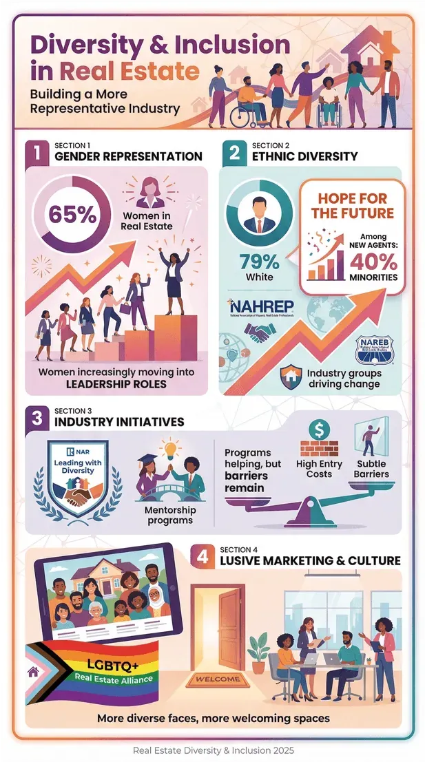  Real estate diversity and inclusion infographic with statistics on gender, ethnic diversity, industry initiatives, and inclusive marketing.