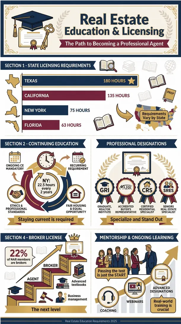 Real estate education and licensing infographic showing state requirements, continuing education, designations, broker license, and mentorship steps.