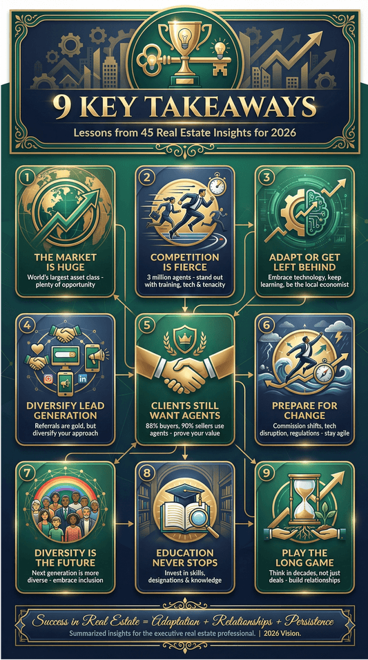 9 key takeaways for real estate in 2026 infographic with icons and brief tips on market, competition, technology, leads, clients, change, diversity, education, and long-term strategy.