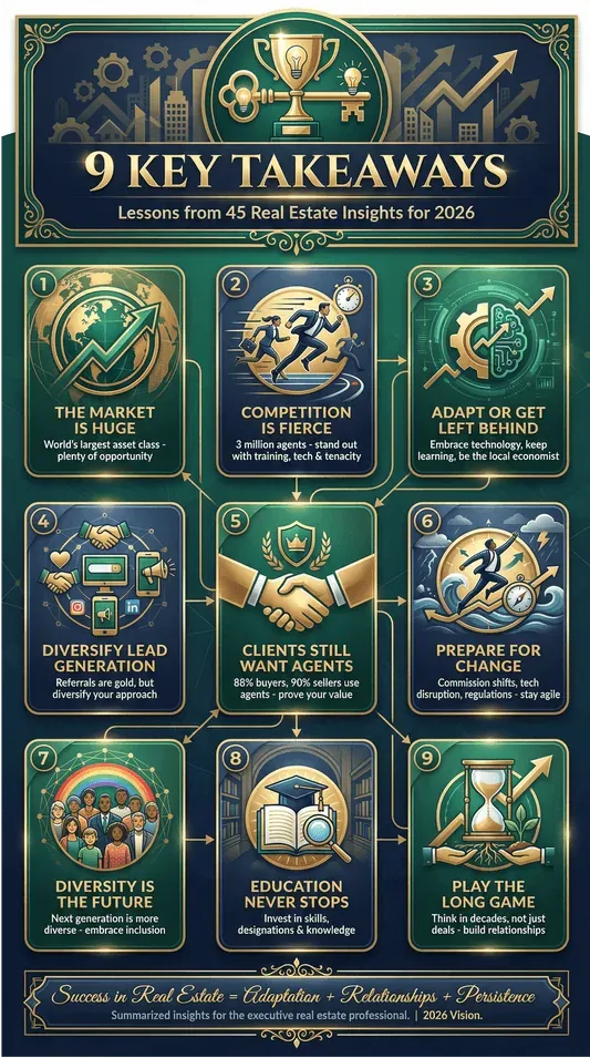 9 key takeaways for real estate in 2026 infographic with icons and brief tips on market, competition, technology, leads, clients, change, diversity, education, and long-term strategy.