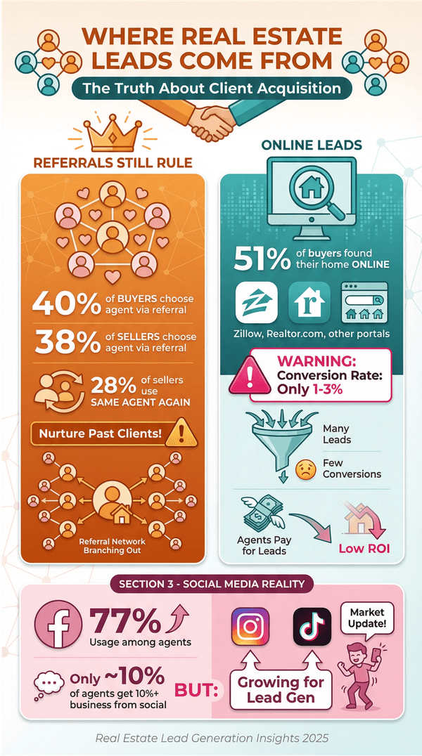  Real estate lead sources infographic comparing referrals, online leads, and social media effectiveness for agents.