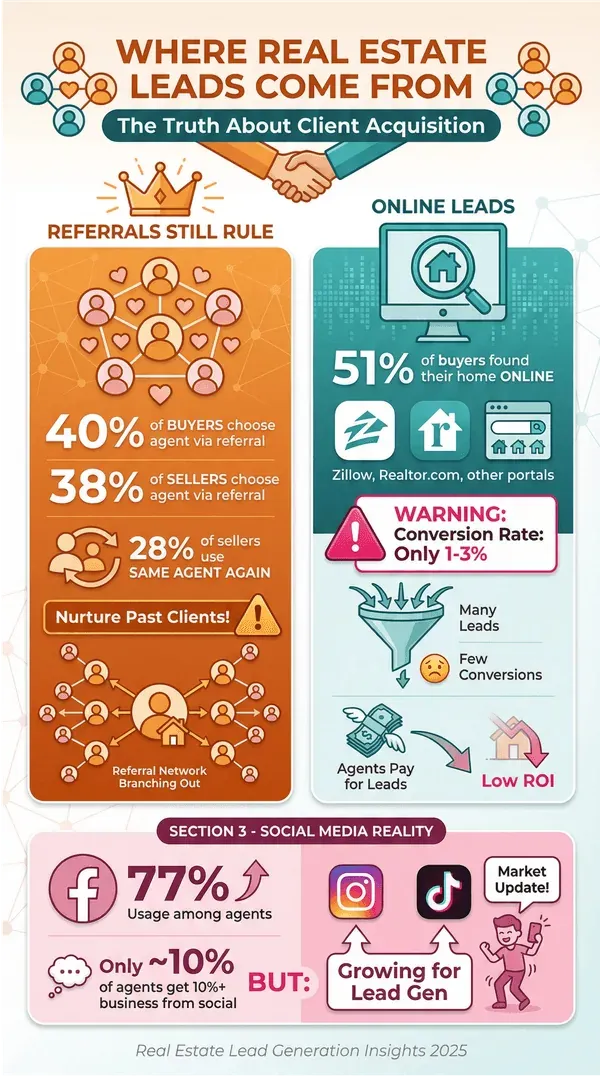  Real estate lead sources infographic comparing referrals, online leads, and social media effectiveness for agents.