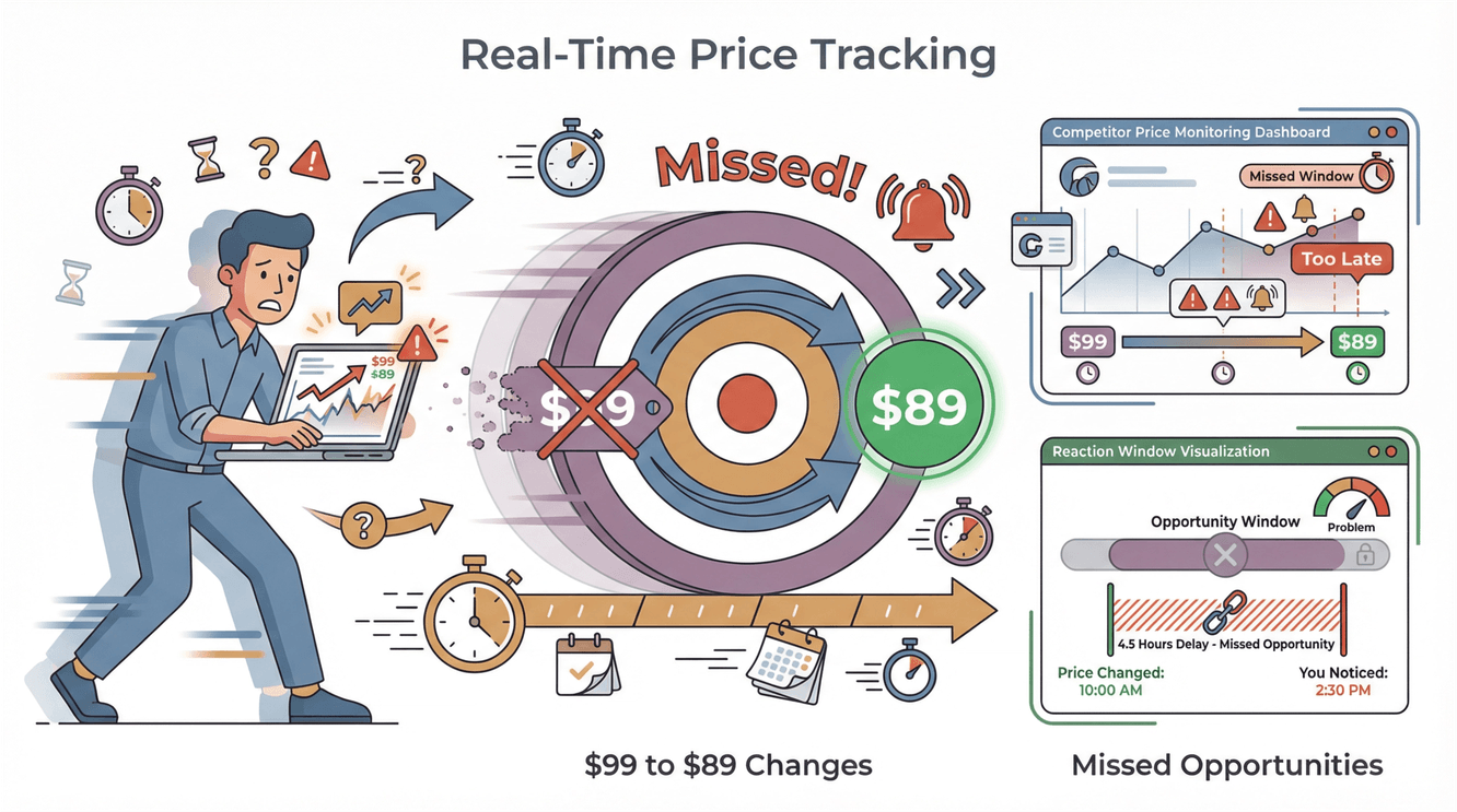 Real-time price tracking illustration showing missed opportunities from delayed price change notifications.