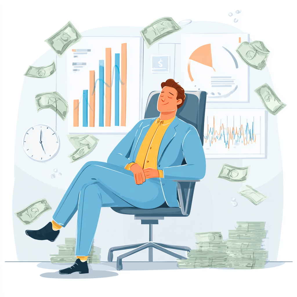 Businessman relaxing in chair surrounded by cash, financial charts, and graphs.