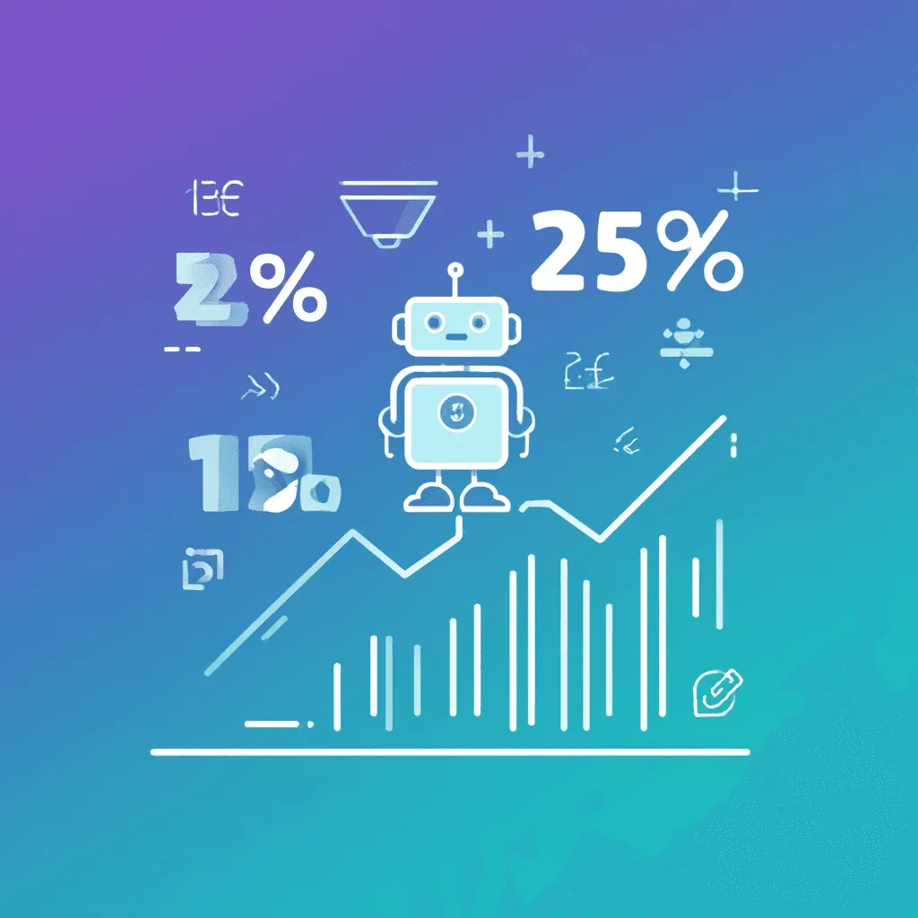 Robot and analytics icons with percentage figures on a gradient background
