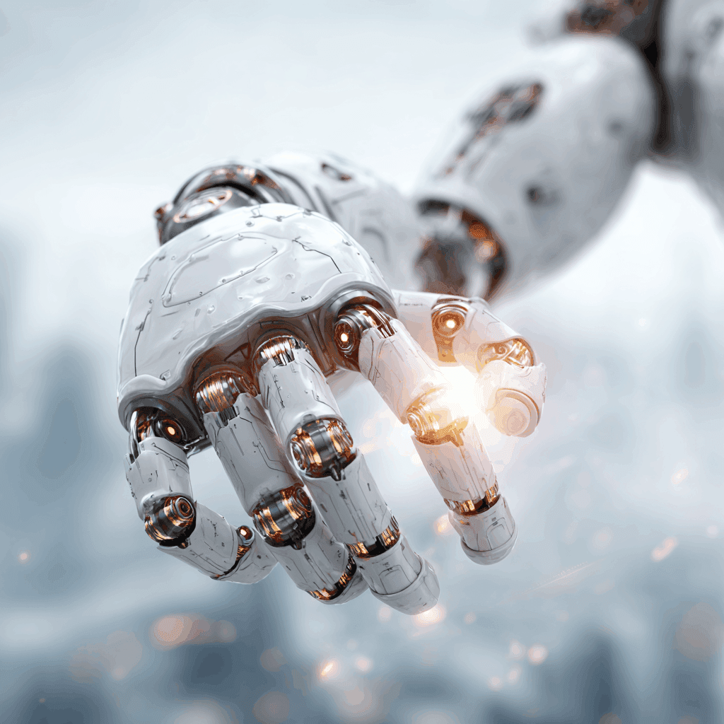  Robotic hand with illuminated fingertip reaching forward